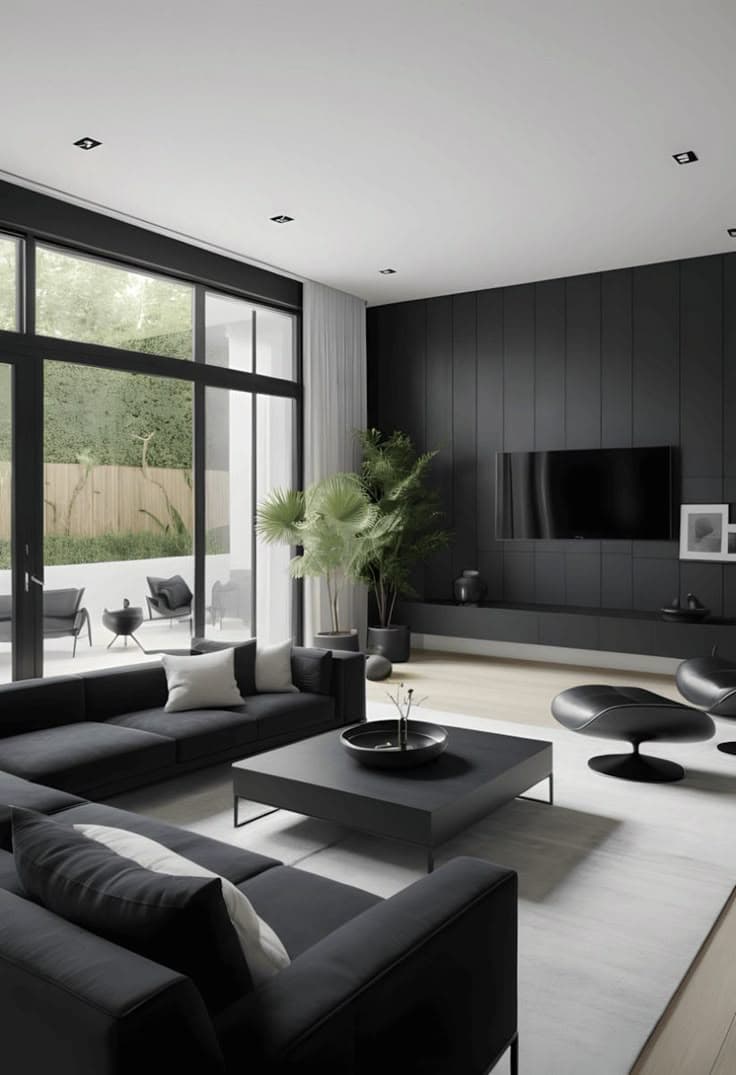 Sophisticated black living room with modern sectional and integrated media wall