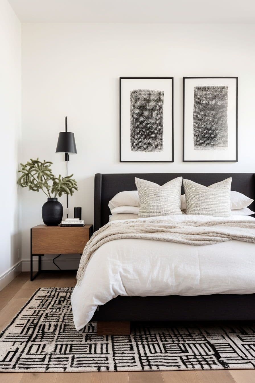 Modern bedroom with black headboard and neutral styling