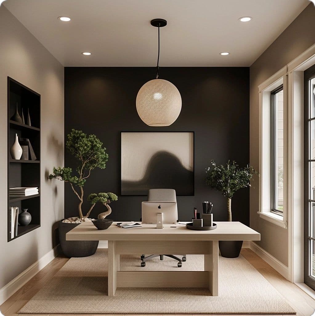 Sophisticated home office with dark accent wall and modern design